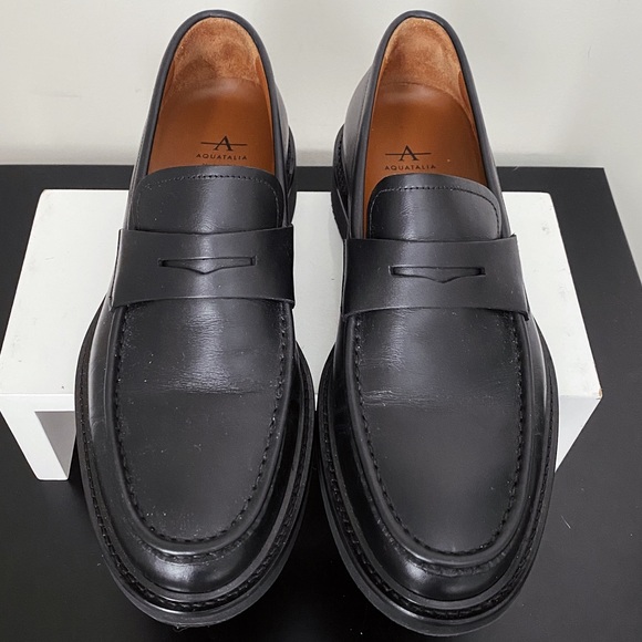 Aquatalia Kurt Black Leather Platform Penny Loafers 8 Italy Nordstrom - Picture 6 of 11